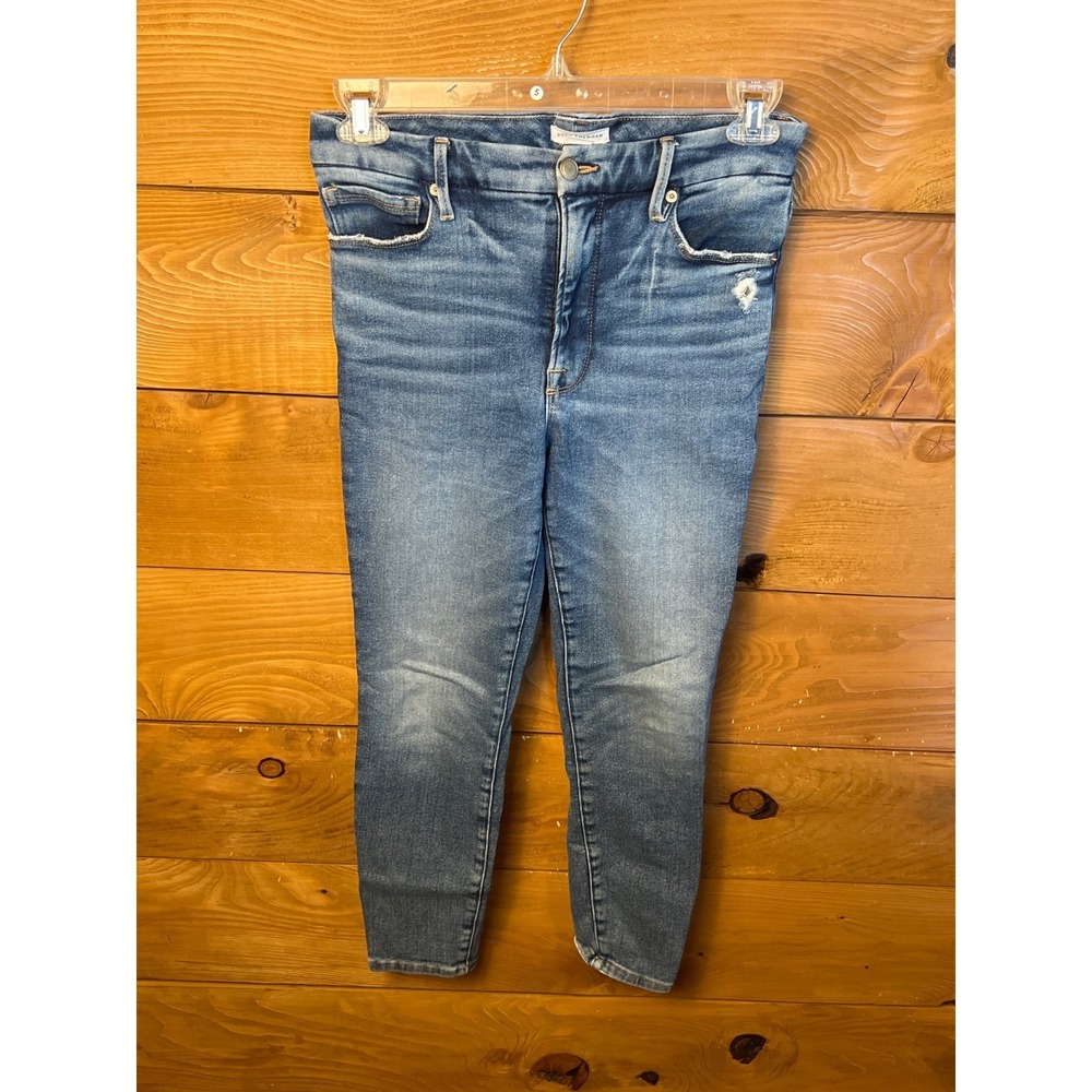 Good American Women's Blue Denim High Rise‎ Skinny Jeans Distressed Ankle Retro